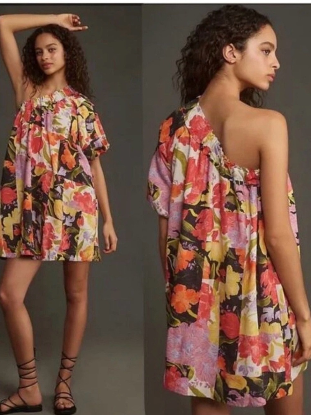 Anthropologie Yukiko Naritake One shoulder mini floral shift dress Sz XLP Petite
